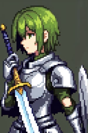 Knight, armor, sideways, side face, scimitar in right hand, sword light, shield in left hand, blurred background, light gren background,gren hair