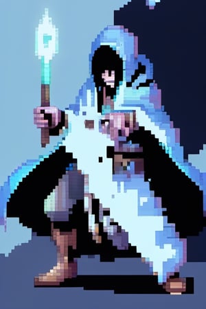 Ice mage, holding staff in one hand, cloak, face invisible, light blue background,