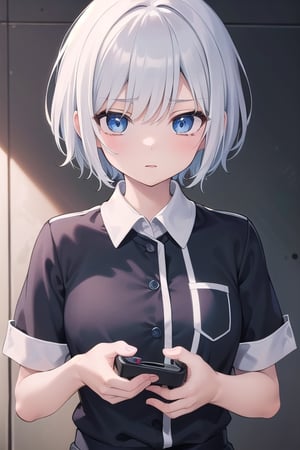 (masterpiece), best quality, high resolution, highly detailed, detailed background, perfect lighting, 1girl, short hair, intense blue eyes, disciplined expression, disciplinary committee uniform