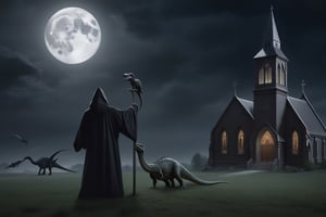 church,grim reaper,moonlight,dinosaur,