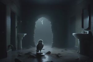 washroom,((ghost)),owl,dinosaur,ruins,dark