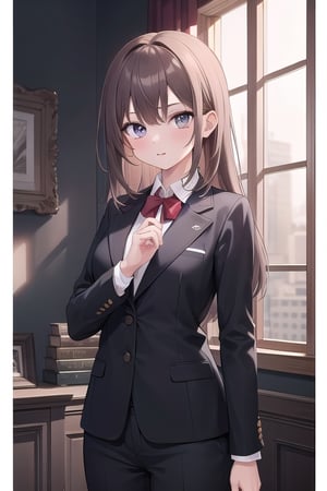 (masterpiece), best quality, high resolution, highly detailed, detailed background, perfect lighting, 1girl, chestnut hair, elegant, formal uniform, confident gaze.