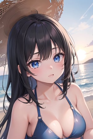 (masterpiece), best quality, high resolution, highly detailed, detailed background, perfect lighting, 1girl, long black hair, bright blue eyes, sun-kissed complexion, swimsuit.