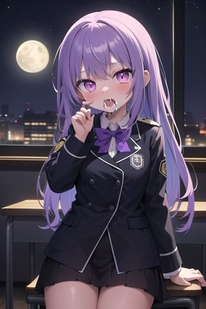 dark_classroom,night,undermoon, ((purple_glowing_eyes)),saliva,see_through_uniform