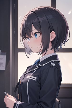 (masterpiece), best quality, high resolution, highly detailed, detailed background, perfect lighting, 1girl, short hair, intense blue eyes, disciplined expression, disciplinary committee uniform,side view