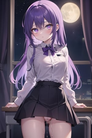 dark_classroom,night,undermoon, ((purple_glowing_eyes)),see_through_uniform,pussy_juice