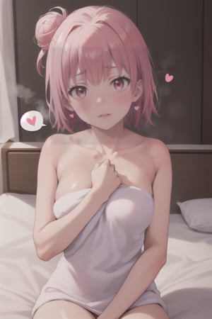 masterpiece, best quality, highres, BREAK, (spoken hearts:1.2),(sweat:1.1),(deep breathe:1.2),(steam:1.2) ,on bed BREAK ,  1girl, naked towel, , yui, pink hair, short hair, side hair bun, pink eyes,
