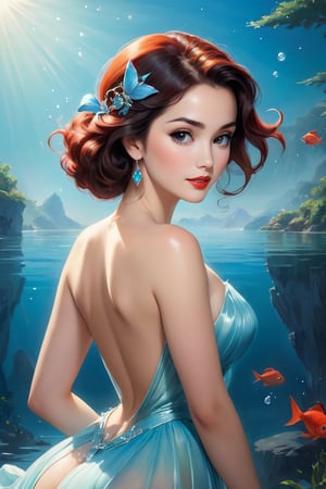 a tv presenter brazilian woman'sabrina sato' in [Alberto Vargas | Gil Elvgren] style (2010s themes). (delicate sfumato:3),  (red to 'light blue' Radiance:2),  ('shadows to bright gradient':2.5). (chiaroscuro,  deep shadows),  (ethereal,  harmonious composition,  landscapes,  intricate backgrounds),  (emotion-evoking poses), 'Astrological sign of Pisces' in the background,