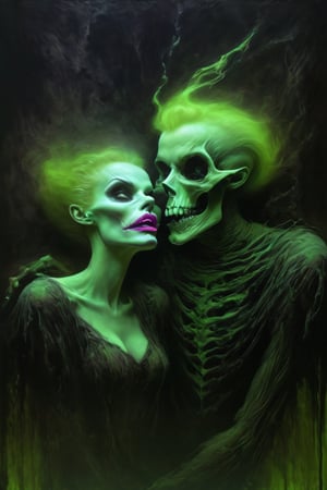 kiss make up, pink tongue out all the way, Modern art style on the theme of psychological fear in the style of gerald brom, light green nature ratio, fantasy horror art, photorealistic dark concept art, in style of dark fantasy art, lich vecna (d&d), detailed 4k horror artwork, Movie Still, an nude old woman has the colours of a pumpkin,  withering,  rotten,  staring froma dark cave,  spider webs,  scary wild tired eyes,  smelling of death,  scaring kids,  rotten teeth,  horror,  dark,  creepy,  black,  green,  wet,  cold and wild, ,HellAI