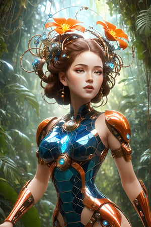 beautiful cyborg woman with a glowing orange-color and blue bodysuit with clockwork components and filigree metalic details walking through a jungle with colorful flowering vines, flowy brown hair, hazel eyes, greenfoliagebackground, amber glow, work of beauty and complexity, 8kUHD ,A girl dancing,  bastien lecouffe deharme style,  alberto seveso style ,HellAI,cyborg style, glowing fractal glass elements, wide_hips ,ColorART, close-up , glowing mosaic tile elements 
