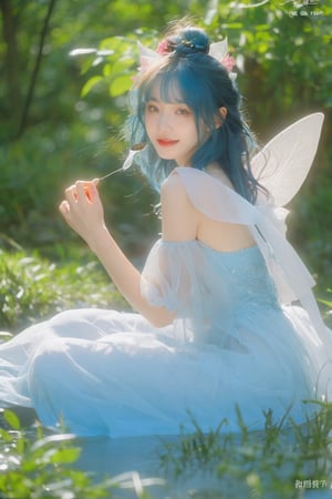 woman with blue hair and a blue dress is walking in the water, water fairy, beautiful adult fairy, beautiful fairy, beautiful fairies, portrait of a fairy, beautiful fantasy art, fantasy art style, queen of the fairies, amazing fantasy art, digital fantasy art ), beautiful fairie, portrait of fairy, very beautiful fantasy art, faerie, fairy queen, mxmai, 20 year old, smile,