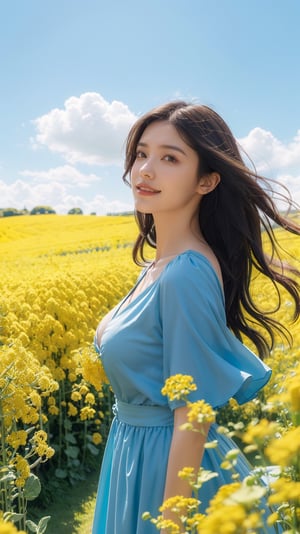 A smiling girl, medium breast, cleagave,  wearing a peacock blue dress standing in the golden rapeseed flower field, her hair gently swaying in the breeze, bathed in sunlight, making her look like a fairy. Behind her is an endless sea of rapeseed flowers, with blue skies, white clouds, and rolling hills in the distance. High-definition photo of a girl in a peacock-blue dress standing in a rapeseed flower field, with long hair fluttering in the wind, bathed in golden sunlight, looking like a fairy, with a vast sea of rapeseed flowers, blue sky, white clouds, and rolling hills in the background. Sharp focus, high-quality picture, dramatic, photorealistic painting art by midjourney and greg rutkowski., Light master, close up shot.