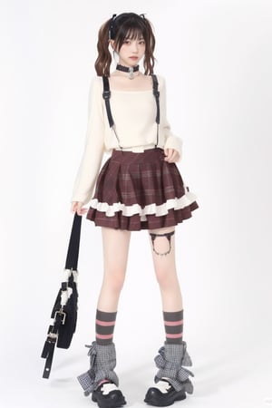 1girl, solo, skirt, simple background, brown hair, white background, twintails, full body, socks, striped, bag, collar, plaid, plaid skirt, loose socks, leg warmers, gothic, fashion