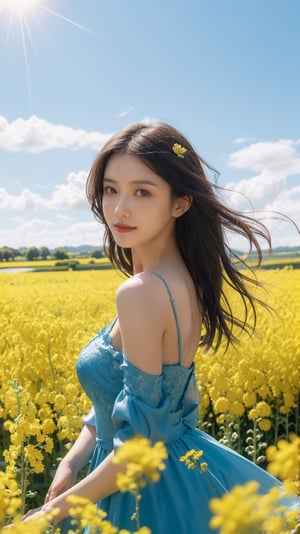 A smiling girl, medium breast, cleagave,  wearing a peacock blue dress standing in the golden rapeseed flower field, her hair gently swaying in the breeze, bathed in sunlight, making her look like a fairy. Behind her is an endless sea of rapeseed flowers, with blue skies, white clouds, and rolling hills in the distance. High-definition photo of a girl in a peacock-blue dress standing in a rapeseed flower field, with long hair fluttering in the wind, bathed in golden sunlight, looking like a fairy, with a vast sea of rapeseed flowers, blue sky, white clouds, and rolling hills in the background. Sharp focus, high-quality picture, dramatic, photorealistic painting art by midjourney and greg rutkowski., Light master, close up shot.