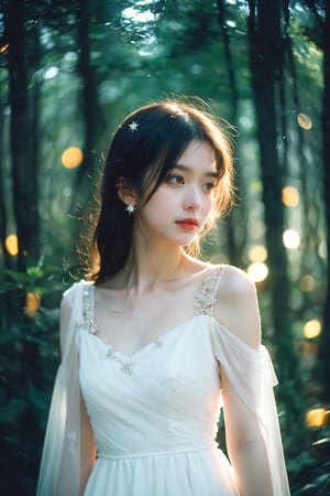 lovely white dress,  in the woods, glowing ice star, magical, fantasy, dreamy, . shallow depth of field, vignette, highly detailed, high budget, bokeh, cinemascope, moody, epic, gorgeous, film grain, grainy, cinematic film, alive,