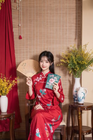 masterpiece, best quality, 1girl, solo, mane, black hair, sitting, indoors, chair, floral print, table, plant, holding hand fan, red aodai,aodaicuoi, smile, 