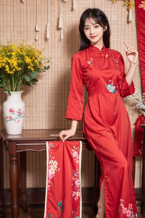 masterpiece, best quality, 1girl, solo, mane, black hair, indoors, chair, floral print, table, plant, holding hand fan, red aodai,aodaicuoi, smile, 