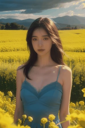 A smiling girl, medium breast, cleagave,  wearing a peacock blue dress standing in the golden rapeseed flower field, her hair gently swaying in the breeze, bathed in sunlight, making her look like a fairy. Behind her is an endless sea of rapeseed flowers, with blue skies, white clouds, and rolling hills in the distance. High-definition photo of a girl in a peacock-blue dress standing in a rapeseed flower field, with long hair fluttering in the wind, bathed in golden sunlight, looking like a fairy, with a vast sea of rapeseed flowers, blue sky, white clouds, and rolling hills in the background. Sharp focus, high-quality picture, dramatic, photorealistic painting art by midjourney and greg rutkowski., Light master, close up shot.