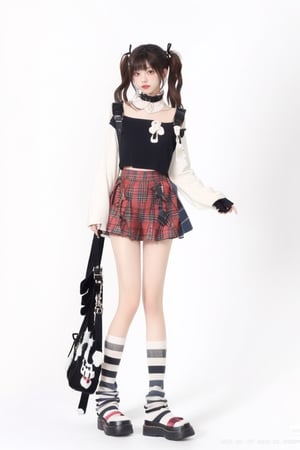 1girl, solo, skirt, simple background, brown hair, white background, twintails, full body, socks, striped, bag, collar, plaid, plaid skirt, loose socks, leg warmers, gothic, fashion