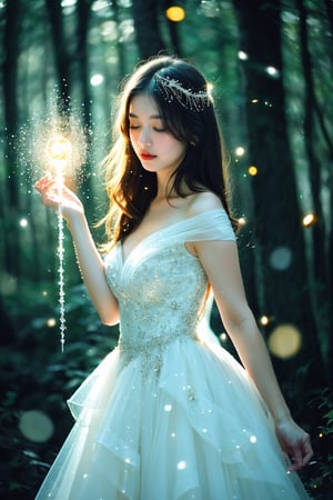 lovely white dress,  in the woods, glowing ice star, magical, fantasy, dreamy, . shallow depth of field, vignette, highly detailed, high budget, bokeh, cinemascope, moody, epic, gorgeous, film grain, grainy, cinematic film, alive,