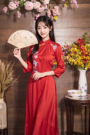 masterpiece, best quality, 1girl, solo, mane, black hair, indoors, chair, floral print, table, plant, holding hand fan, red aodai,aodaicuoi, smile, 