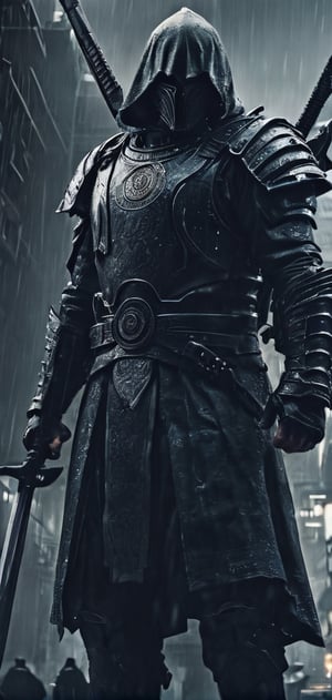 Create a last hashashin man in age of technology, Last battle,,holding sword, background of futuristic Baghdad, dark rainy day, highly detailed.,Movie Still,oni style,DonMPl4sm4T3chXL ,DonMCyb3rN3cr0XL ,DonMWr41thXL ,Film Still