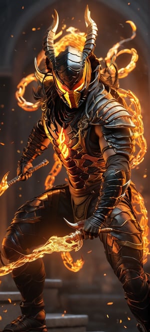 The model Kombat character Scorpion: "Imagine a visually stunning masterpiece of the Mortal Kombat character Scorpion, brought to life in breathtaking 8K Ultra HDR quality. Scorpion stands tall with a perfect, muscular body that exudes power and strength. His physique is chiseled, and every detail of his physique is finely sculpted. He's clad in a suit of flame fire armor that seems to be forged from the depths of hell itself. The armor burns with a fiery intensity, radiating heat and glowing with intense, burning reds and oranges. It clings to his body, accentuating his powerful form and menacing presence. In Scorpion's grasp, a hot, burning red chain crackles with infernal energy. The chain seems to be ablaze, its links glowing with an otherworldly intensity. Scorpion holds it with an air of deadly confidence, ready to unleash its fiery wrath. The background of this highly detailed image is a raging inferno, a sea of flames that engulfs the scene. The fire dances and roars, casting dynamic shadows and creating a fiery halo around Scorpion. The image is a true masterpiece, capturing Scorpion's deadly appearance in all its glory, with unparalleled detail and intensity.", octane render, dripping paint,bingnvwang