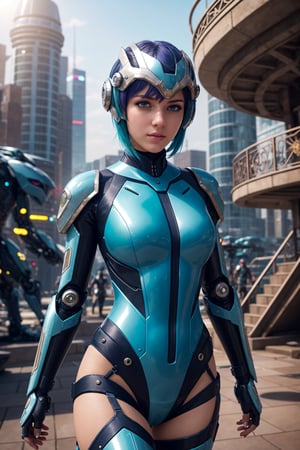 (masterpiece), science fiction, scenery,  1girl, short hair, bangs, aqua hair color, light blue eyes, mecha headgear, sci-fi bodysuits, 