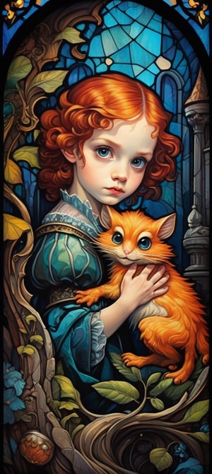 two parts in one art, double exposure, oil painting, impacto, best quality, dark tales, baroque masterpiese,  close up cute tiny ginger-haired girl hugging fluffy  big gremlin demon creature, baroque interior, detailed face, big eyes Craola, Dan Mumford, Andy Kehoe, 2d, flat, cute, adorable, vintage, art on a cracked paper, fairytale, patchwork, stained glass, storybook detailed illustration, cinematic, ultra highly detailed, tiny details, beautiful details, mystical, luminism, vibrant colors