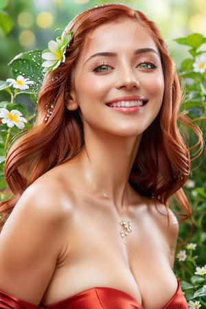 
A beautiful sweden woman: short made outfit head on, upper body shot "Imagine a hyper-realistic depiction of a french woman in a moment of sheer contentment. Her deep light green eyes radiate a sense of joy and serenity, contrasting beautifully with her long, flowing red hair that cascades down her back. She has a radiant smile, a light, natural smile that reflects her inner happiness. Her face is illuminated by this smile, adding to her charm and allure. She's dressed in attractive light red drees that appears to be a harmonious extension of her surroundings. The attire should feature soft tones and natural textures, blending seamlessly with her surroundings. In this serene scene, the woman is gently watering a variety of colorful and vibrant litles flowers, showcasing her nurturing and caring nature. Each detail, from the droplets of water on the petals to the play of light and shadow, should be portrayed with utmost realism. This image captures the beauty of the moment and the  woman's connection to nature, creating a sense of tranquility and beauty." Photographic cinematic super super high detailed super realistic image, 8k HDR super high quality image, masterpiece, (( a perfect super realistic image of a beautiful stunning women))
