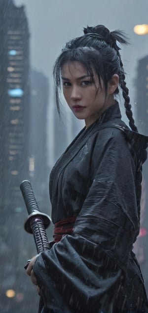 Create a last ninja woman in age of technology, Last battle, holding katana, background of futuristic tokyo, dark rainy day, highly detailed.,Movie Still,oni style,DonMPl4sm4T3chXL ,DonMCyb3rN3cr0XL ,DonMWr41thXL ,Film Still