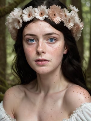 closeup, female, blue eyes, dark hair, pale skin, (freckles across nose:0.8), forest, front view, facing viewer, body, delicate face, huge rococo headdress made from hundreds of flowers, topless, sunlight, warm lighting, daylight