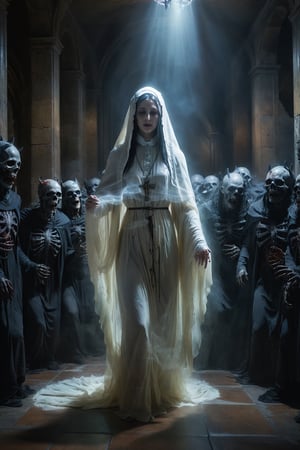 Create a spectral woman with a (translucent appearance:1.3), The nun, Darkness, underground stream, wet, Demon, absurdres,portrait of the most beautiful form of chaos,elegant,a brutalist designed,vivid colours,romanticism, dark army, atmospheric,trending on artstation,8k masterpiece,memento mori,full body photo of a woman in despair, visceral horror art,sombre and dark, ((surrounded by demons)),photograph,photo realistic, BREAK (dramatic, intricate, movie scene), ((epic)), (an amazing Cosmic deity Battles an army of undead creatures with holy magic:2) (dark light, crowded The Labyrinth of Reflections),(powerful colors, depth),((Natural, organic, different kind of textures & fabrics & clothes & materials)) ,ghost