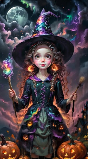 A cute wizard girl with curly brown hair and a grey dress, wearing a fashionable witch hat and holding a paintbrush, painting a fantasy scene of a haunted landscape with a dark sky, clouds, moon, and pumpkins, (by Tim Walker & Hayao Miyazaki & Lisa Frank), painting style, colorful and whimsical, featured on Pinterest, indoor scene, artistic details, high resolution.