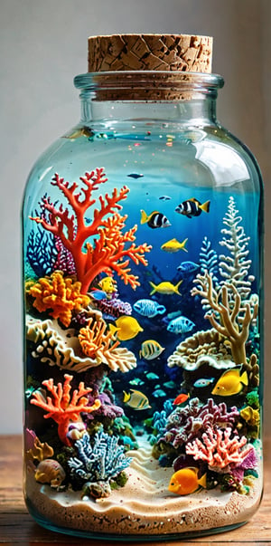 A glass jar with a cork lid. Inside the jar, there's a miniature representation of an underwater coral reef. The top layer of the jar depicts colorful corals, tropical fish, and a bright, sunlit ocean surface. The bottom layer reveals the sandy ocean floor with seaweed and small sea creatures. The entire scene is encapsulated within the jar, creating a vibrant and captivating visual.