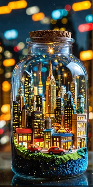 A glass jar with a cork lid. Inside the jar, there's a miniature representation of a bustling cityscape at night. The top layer of the jar depicts skyscrapers with their lights twinkling against a starry sky. The bottom layer reveals busy streets with tiny cars and people walking on sidewalks. The entire scene is encapsulated within the jar, creating a vibrant and captivating visual.