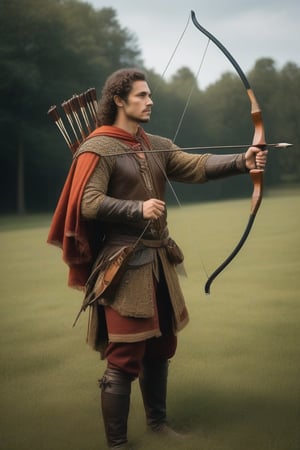 (((iconic medieval but extremely beautiful)))
(((archer )))
(((Vivid colors, epic, minimalist, lovely)))
(((intricate details, masterpiece, best quality)))
(((Wide angle, full body shot, profile view)))
(((dynamic pose, looking at viewer))) 
(((by Diane Arbus style,by Rembrandt style)))