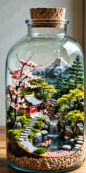 A glass jar with a cork lid. Inside the jar, there's a miniature representation of a tranquil Japanese garden. The top layer of the jar depicts cherry blossom trees in full bloom, a small pond with koi fish, and a traditional tea house. The bottom layer reveals a stone path leading to a bamboo grove. The entire scene is encapsulated within the jar, creating a serene and captivating visual.