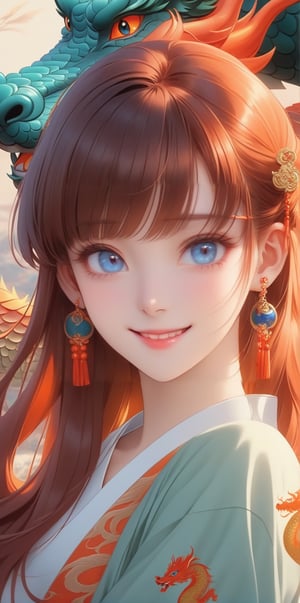 1girl, long hair, looking at viewer, smile, bangs, blue eyes, red hair, hair ornament, orange eyes, long sleeves, jewelry, upper body, earrings, parted lips, blunt bangs, heterochromia, chinese clothes, dragon