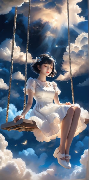 best quality,masterpiece,1girl, above clouds, solo, short hair, bangs, black hair, dress, sitting, closed eyes, short sleeves, outdoors, parted lips, sky, day, cloud, white dress, blue sky, cloudy sky, swing