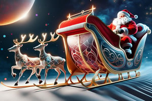 ((Fantasy illustration about a pair of Reindeers pulling Santa on sleigh)), christmas, geometric patterns, levitating, flying, intricate, 3d, charming details. background of dark cosmic. Visually delightful.  ,DonMC0sm1cW3bXL,3D