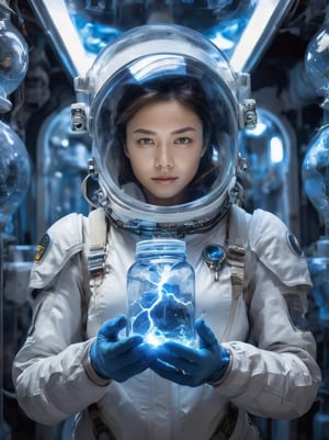 1girl, woman in high-tech space suit, through transparent visor,A look of relief,
beautiful face visible through transparent visor, white gloves, intricate blue mechanical vial,((holding jar containing lightning)), elaborate spaceship background,photo_b00ster,sad