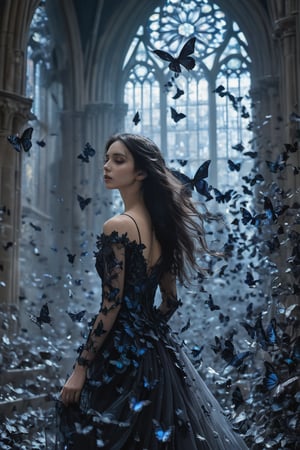 In a haunting, dimly-lit scene, a woman with raven hair cascading down her back stands majestically amidst a whirlwind of inky black butterflies. The crumbling gothic cathedral's intricate stone carvings, weathered to perfection, form the backdrop, its shattered stained-glass windows framing moonlit beams that dance across her pale skin and melancholic face. The air is heavy with mist, transitioning from white to black, as delicate butterfly wings resemble shards of night. Focus on the woman's solemn pose, the gothic architecture's intricate details, and the play of light on her features, capturing the essence of gothic romanticism and macabre allure.