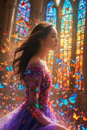 A beautiful woman , bathed in the colorful light streaming through stained-glass windows of a grand cathedral, surrounded by a whirlwind of delicate glass butterflies that shimmer like jewels. The air is thick with the scent of incense and the sound of hymns echoing through the vast space.
