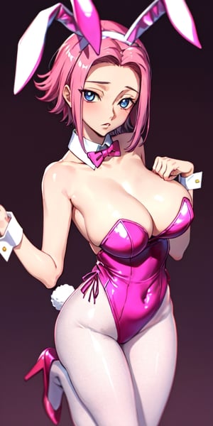 masterpiece, best quality, highly detailed, highres, hdr, code geass, 1girl, solo (((pink playboy bunny))), pink pantyhose, pink leotard, rabbit ears, red bowtie, pink footwear, wrist cuffs, blue eyes, hair intakes, large breasts, red hair, short hair, skin tight, spiked hair cowboy shot, intense angle, mksks style, beautiful background, detailed background, professional lightning,kallen stadtfeld,