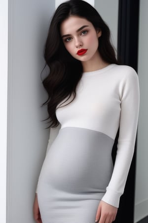 (masterpiece), beautiful girl, slim body, most beautiful, 18 year old, masterpiece, black hair, wavy hair, white skin, sharp jawline, sweater, pant, messy hair, full body , tight dress, nipples visible on dress, pregnant, red lips, black eye, hd, 16k realistic, full body, ,<lora:659095807385103906:1.0>