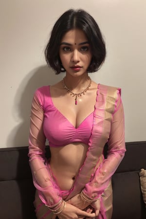 ((A beautiful Indian teenage girl (19 year old) with medium black curley hair, brown eyes, at home , ((( breast size (small), boobs size (small, natural), makeup))), (((wearing pink saree , wearing  necklace, wearing bangles on hands, (upper body covered), full upper body( full sleeves), bob hair cut:1.5, natural boobs))), (perfect body:1.5), (pov_eye_contact, looking_at_viewer), (scared,  close up photo,  looking at camera, z1l4, (upper body, medium waist , {thighs}, standing straight, facing viewer) ,downblouse