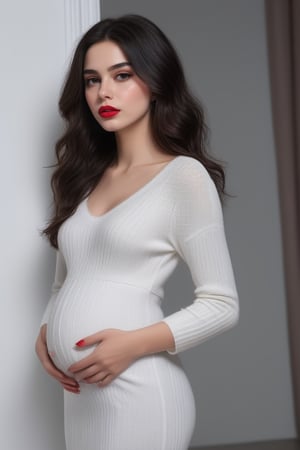 (masterpiece), beautiful girl, slim body, most beautiful, 18 year old, masterpiece, black hair, wavy hair, white skin, sharp jawline, sweater, pant, messy hair, full body , tight dress, nipples visible on dress, pregnant, red lips, black eye, hd, 16k realistic, full body, ,<lora:659095807385103906:1.0>