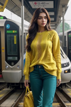 A pretty european girl in Dhaka metro rail station, full body, detailed clothes, green eyes, long flowing hair, shiny skin, subsurface scattering, ultra-detailed, real-life texture, dramatic lighting, dynamic composition, unreal engine, Nikon D850, wearing yellow sweater & blue pant, details face, clear face, snicker 
