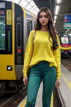 A pretty european girl in Dhaka metro rail station, full body, detailed clothes, green eyes, long flowing hair, shiny skin, subsurface scattering, ultra-detailed, real-life texture, dramatic lighting, dynamic composition, unreal engine, Nikon D850, wearing yellow sweater & blue pant, details face, clear face, snicker 
